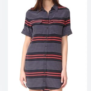 EQUIPMENT 100% Silk Short Sleeve Collar Red White Navy Stripe Shirtdress L